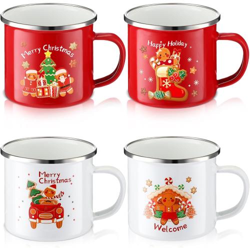 Zhehao 4 Pcs Christmas Mini Coffee Mug 8.5 oz Christmas Mugs Enamel Cup Gingerbread Coffee Cup with Handle Portable Camp Small Holiday Enamel Tea Cups for Indoor Outdoor Home Women Gifts