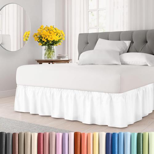 Size King Color White Wrap Around Dust Ruffle Bed Skirt - White - for King Size Beds with 15 Inch Drop - Easy Fit Elastic Strap - Adjustable Pleated Bedskirt w/Brushed Fabric - Wrinkle Free - for Women, Men, Kids & Teens