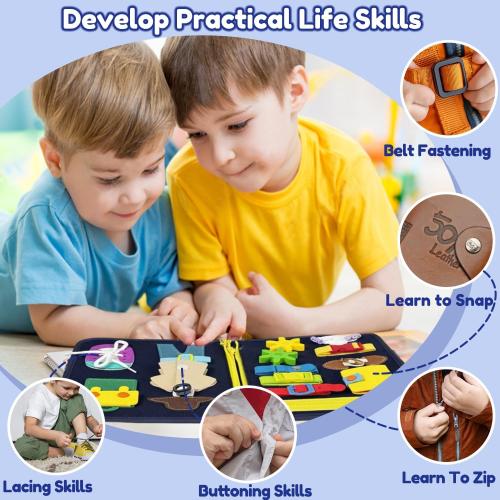 Qizfun Toddler Busy Board Montessori Toys – Sensory Busy Book, Educational Learning Travel Toy for Airplane & Car, Keeps Toddlers Entertained, Birthday Gifts for Toddler Boys Girls (Blue/P8)