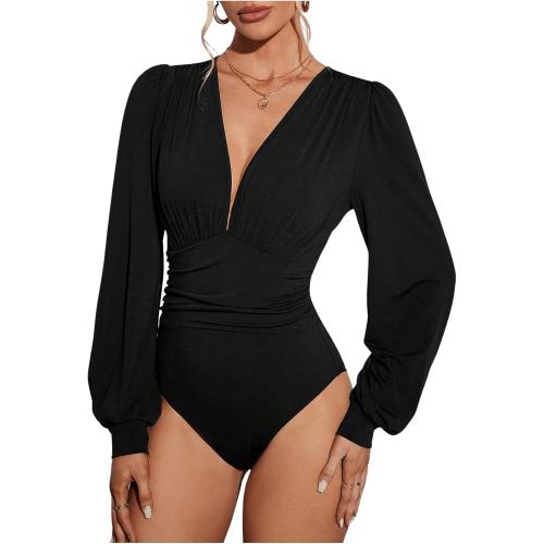Small SweatyRocks Women's Deep V Neck Long Sleeve Bodysuit Tops Ruched Pleated Leotard Shirts capella