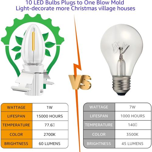 Christmas Village Lights with 10 LED Warm-White Bulb,Decoration for Christmas Village Houses,Halloween Holiday,C7 Light Cord