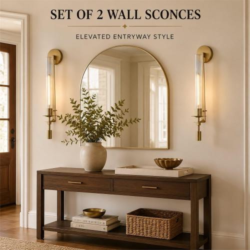 LIGHTLAND Gold Wall Sconces Set of 2, 28 Inch Modern Metal Glass Wall Light Fixture, Wall Lamp for Living Room Bedroom Hallway