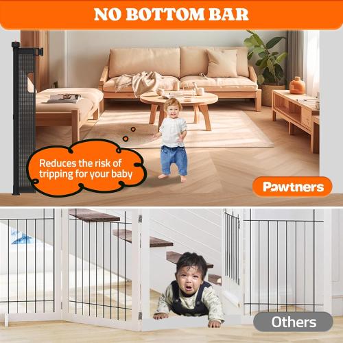 Pawtners Retractable Baby Gates Extra Wide, Dog Gate Indoor with Cat Door for Stairs, Pet Gate with Support Rods for Doorways Hallways Indoor & Outdoor,51 Tall x 200 Wide