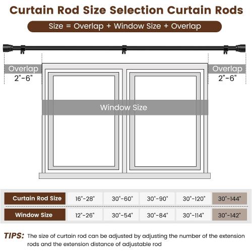 Curtain Rods 30 to 144 Inch 1 Pack Heavy Duty Adjustable Matte Black Rod