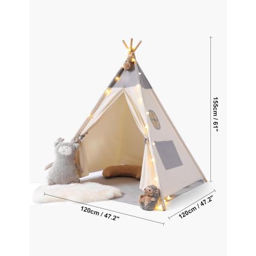 besrey Teepee Tent for Kids, Cotton Canvas Play Tent with Lights & Mat, Sturdy Toddler Tipi Tent Playhouse for Boys Girls, Foldable Indoor Outdoor Camping Reading Hideaway
