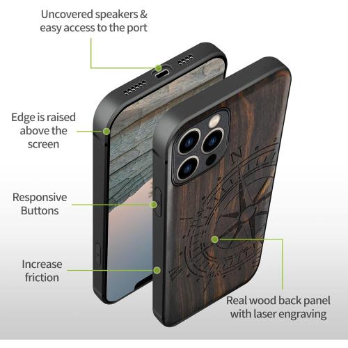 Carveit Magnetic Wood Case for iPhone 12 Pro Max Case [Natural Wood & Black Soft TPU] Shockproof Protective Unique & Classy Wooden Cover Compatible with MagSafe (Vintage Compass-Blackwood)