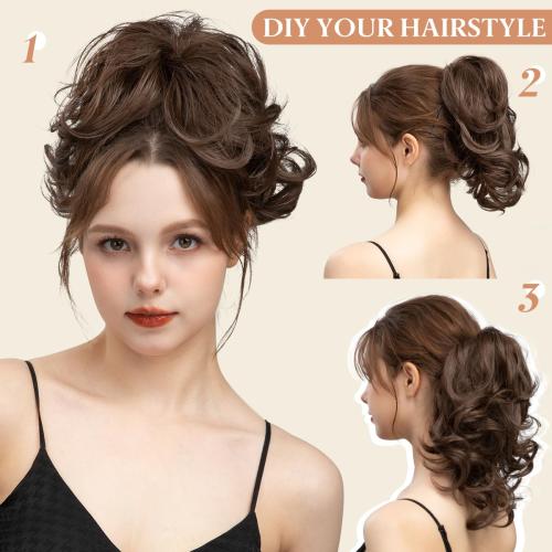 CJL HAIR Claw Clip Short Ponytail Hair Extensions DIY Bendable Metals Messy Bun Hair Piece for Wonen Wavy Curly Synthetic Fake Hairpieces Black Brown