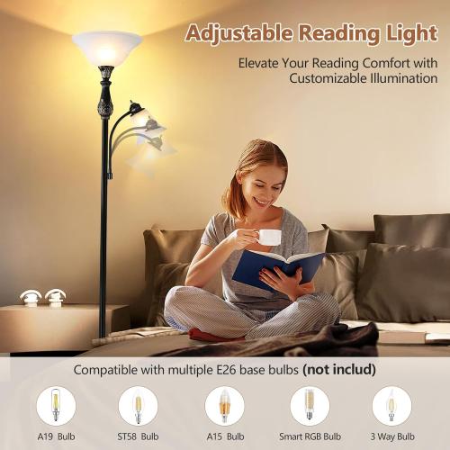 Torchiere Floor Lamps for Living Room & Bedroom, 71 Vintage Victorian Floor lamp with Reading Light, Tall Corner Standing Farmhouse Lamp for with Glass Shade Home Office Decor, Black