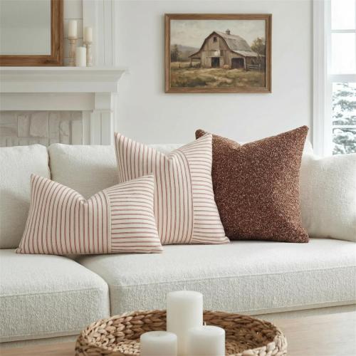 Set of 2 18x18 YCOLL Christmas Pillow Covers 18x18, Boho Throw Pillow Covers Set of 2, Red and Cream Striped Linen Decorative Pillows Cushion Covers for Couch Bedroom Christmas Decorations