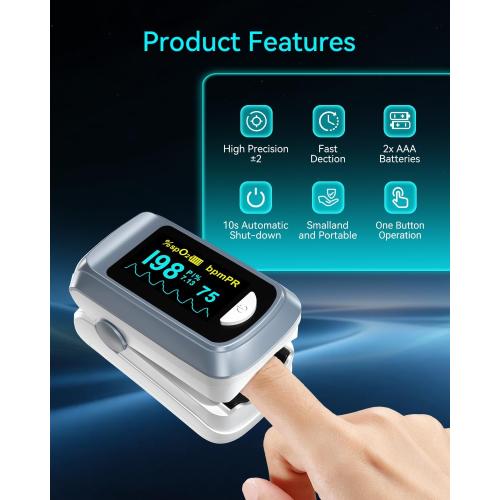 HealthTree JKS50B Fingertip Pulse Oximeter Blood Oxygen Saturation Monitor Pulse Ox, Heart Rate and Fast Spo2 Reading Oxygen Meter with OLED Screen Included Lanyard and 2 X AAA Batteries
