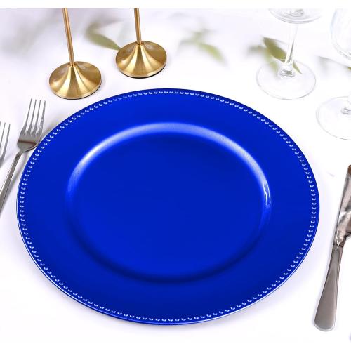 Royal Blue Charger Plates 13 Round Charger Plates Bulk Beaded Chargers for Dinner Plates Decorative Blue Charger Plastic Charger Plates for Wedding Party Event Bridal Shower Table Decoration