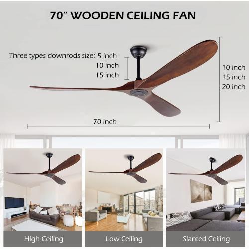 72 Inch Ceiling Fan No Light ，Wood Outdoor Ceiling Fans for Patios Living Room Garage Gazebo Mid Century Modern Exterior Extra Large Waterproof Ceiling Fan Without Light with Downrod (Walnut)
