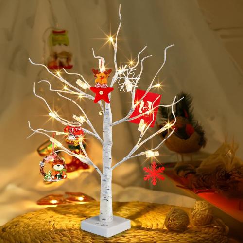 PABIPABI Money Tree Gift Holder, 24 LED Lighted Display Tree with 6 Clear Clips, Battery/USB Powered Timer Birch Tree for Christmas, Memo, Present Card, Photo, Wedding, Birthday Graduation