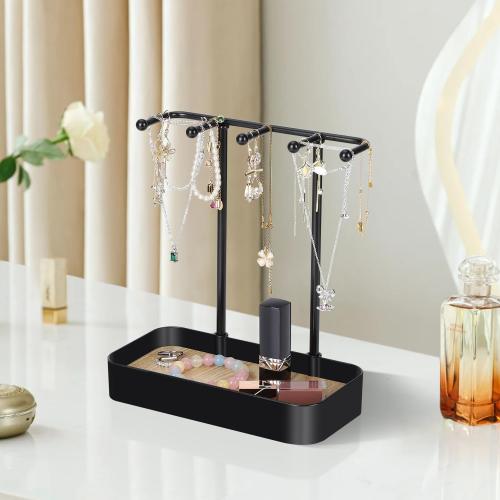 TACGEA Jewelry Holder Organizer, Small Simple Jewelry Display Stand Necklace Organizer with Metal Holder and Plastic Tray, Black