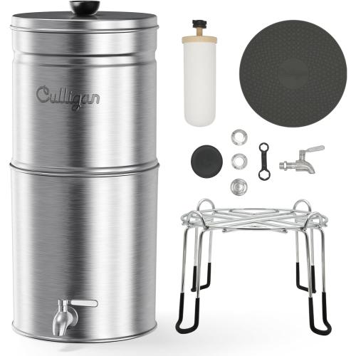 Culligan MaxClear 3 Gallon Gravity Water Filter System, Brushed Stainless-Steel Countertop Water Filter NSF/ANSI Certified to Reduce Microplastics, Lead & Total PFAS, with 3 Ceramic Filters