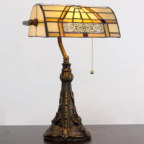 Tiffany Banker Lamp Small Stained Glass Table Lamp Tiffany Style Piano Light Yellow Mission Style Desk Lamp Angle Adjustable 10.6X15.7 Inch for Home Office Living Room Bedroom