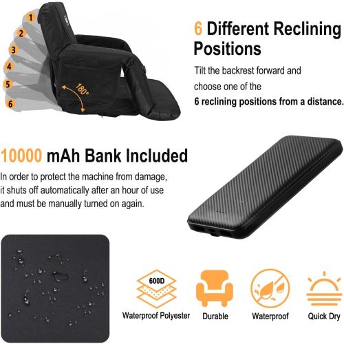 Heated Massage Reclining Stadium Seat, Bleacher Chair with 10000mAh Portable Bank, 6 Reclining Positions for Camping, Games & Sports