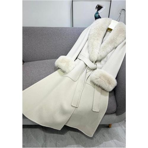Youlander Fur FE-05 Long Coat With Real Fox Fur Big Collar And Big Cuffs And Belt For Women Soft Jacket Wool Coats size small