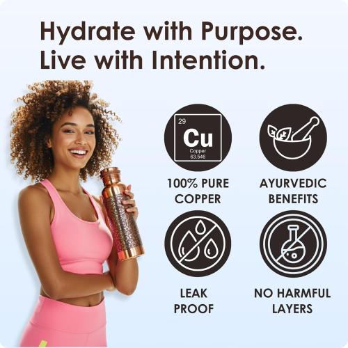 34oz Aquatic DARK EMBOSSED Ayurvedic Copper Water Bottle 34oz - Pure Copper Bottle for Sports, Fitness, Yoga - Natural Health Benefits - Made in India