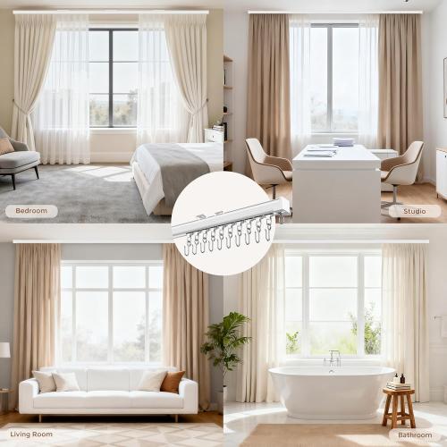 Ceiling Curtain Track White 12-15 ft Heavy Duty Ceiling/Wall Mount Rail | Includes 50 quiet-glide rollers, 50 hooks and 50 clips. Supports up to 50 lbs for room dividers, bathrooms and hospitals