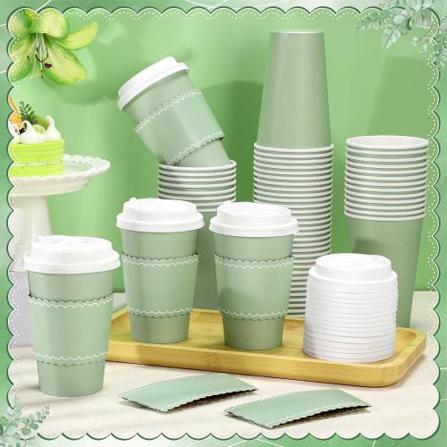 60 Pack Sage Green Coffee Cups with Lids Sleeves, 12oz Insulated To Go Paper Cups Sage Green Party Cups Disposable Paper Cups, Drinking Cups for Wedding Birthday Baby Shower Party Supplies