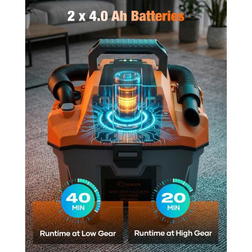 Saker Cordless Wet and Dry Shop Vacuum 17kPa 2.6 Gallon Portable Shop Vacuum Cleaner with Storage Rack, 2×4.0Ah Batteries, Strap, HEPA Filter, 3-in-1 Small Shop Vac for Car, Garage, Workshop