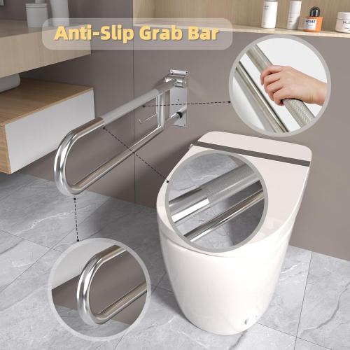 Toilet Grab Bar, Fold Down Grab Bar with Paper Holder, Knurled Anti-Slip Grab Bars for Toilet, Stainless Steel Handrails Toilet for Seniors Disabled Elderly Pregnant, Brushed Nickel, 30 Inch