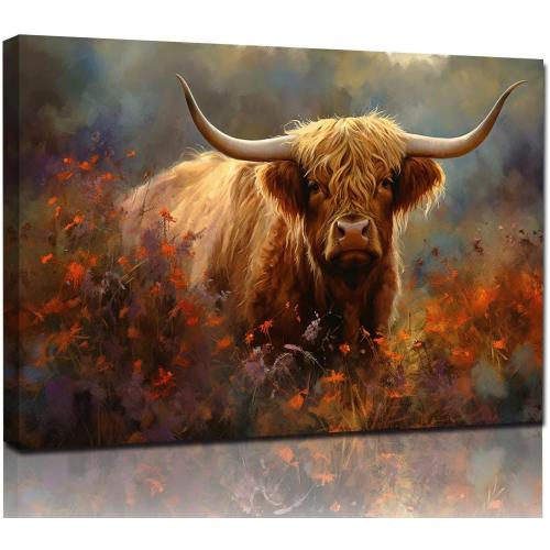 Sense&Sensibility Highland Cow Canvas Wall Art Farmhouse Highland Cow Pictures Wall Decor Rustic Art Modern Western Canvas for Living Room Bedroom Bathroom Kitchen Home Office Decorations 36inx24in
