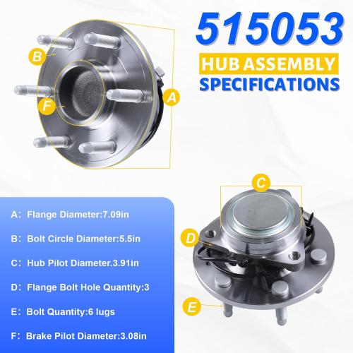 2 x 515053 Front Wheel Bearing Hub Assembly with 6 Lug ABS Compatible with Cadillac Escalade 2002-2006, Fit for Chevrolet Avalanche 1500 2002-2006, Fit for GMC Savana 1500 2003-2008