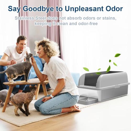 Enclosed Stainless Steel Cat Litter Box with Lid Extra Large Litter Box for Big Cats XL Metal Litter Pan Tray with High Wall Sides Enclosure, Non-Sticky, Anti-Leakage, Easy Cleaning - little damage, see the pictures