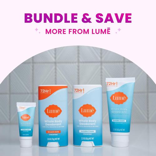 Lume Whole Body Deodorant - Smooth Solid Stick - 72 Hour Odor Control - Aluminum Free, Baking Soda Free and Skin Safe - 2.6 Ounce (Unscented)