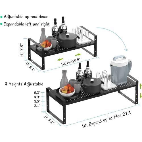 Expandable Stackable Aadjustable Shoe Rack Pantry Shelf for Kitchen Cabinets Counter Shelves Countertop Cupboard Storage Solution,Sturdy Heavy-Duty Metal Construction(3Packs/Black/Medium)