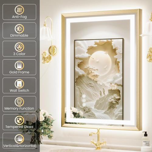 24x36 LED Mirror for Bathroom, Brushed Gold Metal Frame Mirror with Backlit   Front Lit, Bathroom Mirror with Lights, Anti-Fog, Dimmable, Lighted Mirror Tempered Glass(Horizontal/Vertical)
