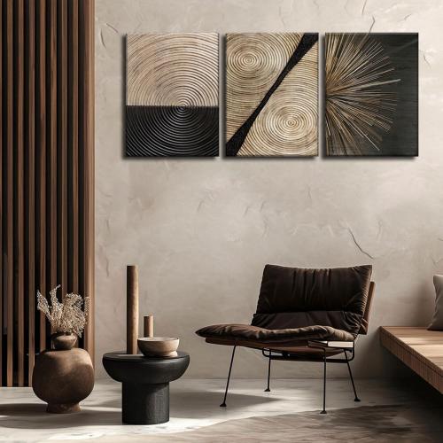 3Pcs Retro Wood grain Abstract Canvas Wall Art Minimalist Black Golden Line Texture Wall Decor Pictures Neutral Geometric Beige Brown Poster Prints for Living Room Bedroom Home Decoration 16x24in