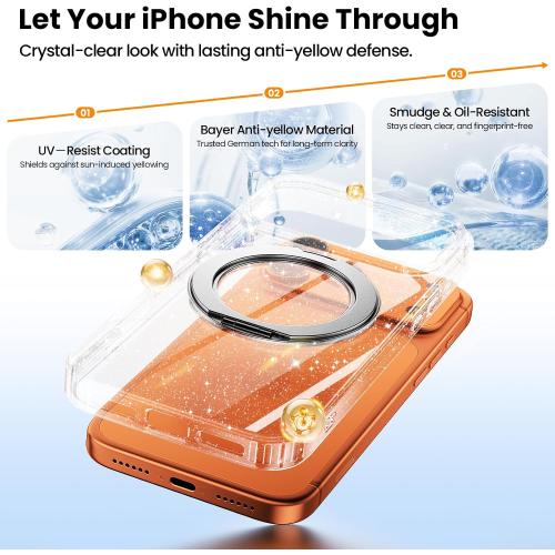 360°Ring Stand for iPhone 17 Pro Max Case，Anti-Yellowing，Clear Glitter | Includes Screen and Camera Lens Protectors*1，Fit for MagSafe, Scratch-Resistant Back Phone Case for iPhone 17 Pro Max 6.9