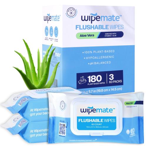 ULTRA Flushable Butt Wipes, Soothing Vitamin E & Aloe, 99% Water, Aloe Vera Scent Premium Super Soft Hygiene Wipes, Septic & Sewer Safe, 3 Premium Flip-Top Packs (180ct)