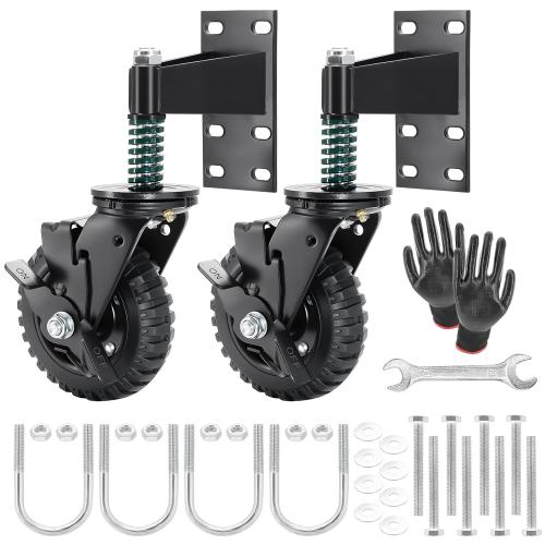 2Pcs 6 Inch Fence Gate Wheels with Brake 2 Install Heavy Duty Gate Wheels for Metal Wooden Gate Sliding Hardware 500lb Capacity 360° Rotation Spring-Loaded Farm Garden Caster Screwdriver Gloves Black