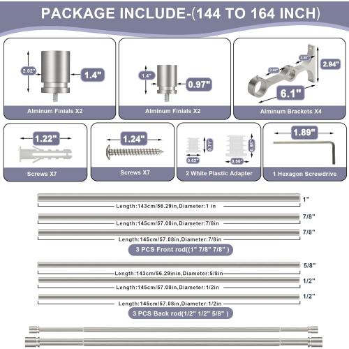 Double Curtain Rod 140 to 164 Inch,1 Inch Heavy Duty Curtain Rods for Windows with Solid Aluminum Cylindrical Finials and Bracket,1’’ Front and 5/8’’ Back Telescoping Double Drapery Rod,Brushed Nickel