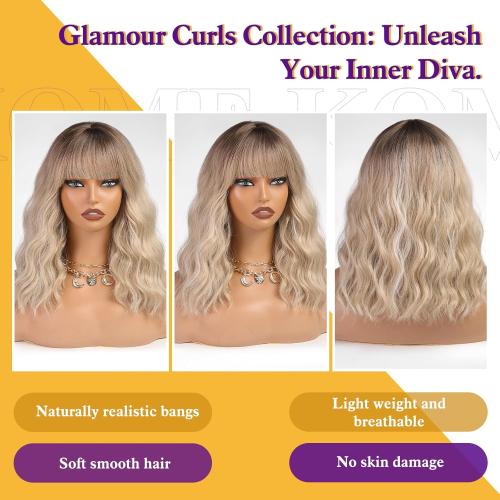 Curly Bob Wig with Bangs Short Wavy Ash Blonde Wigs for Women Lob Haircut Synthetic Heat Resistant Bob Wigs 14IN…