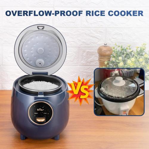 Bear Mini Rice Cooker 2 Cups Uncooked, 1.2L Portable Non-Stick Small Travel Rice Cooker, BPA Free, One Button to Cook and Keep Warm Function, Blue | Portable 1.2L nonstick small rice cooker for travel, dorm, single serve, One-touch operation, Removable pot, Auto keep warm
