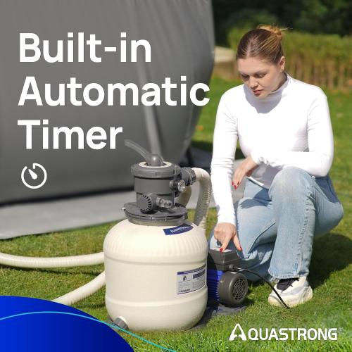 AQUASTRONG 14in Sand Filter Pump for Above Ground Pool with Timer, 2/3 HP Pool Pumps Above Ground 3000 GPH for Pools up to 13000 GAL, Pool Filter with 6-Way Valve, Improved Circulation and Filtration