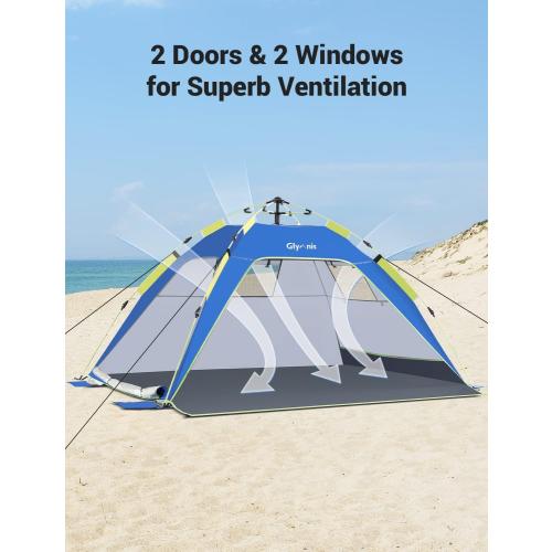 Glymnis Pop Up Beach Tent Sun Shade Shelter for 3-4 Person with UPF 50 , Lightweight & Easy Setup, Vent Windows & Zippered Door, Extended Floor Family Instant Beach Tent