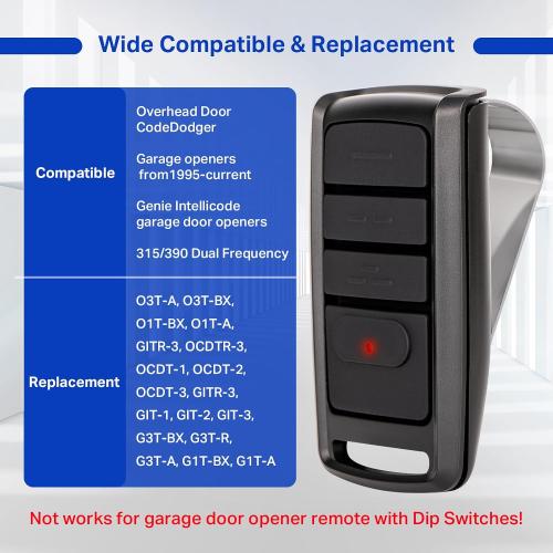O3T-BX O3T-A 315/390MHZ Dual Frequency Auto-Seek Overhead Door Garage Opener Remote, for Overhead Door CodeDodger/Genie Intellicode, 3 Buttons Remote Replace for Overhead Door Remote (2 Pack)