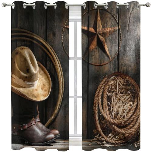 Western Farmhouse Room Darkening Blackout Window Curtains with Grommets,Rustic Cowboy Leather Boots Texas Star Hat on Wooden Energy Efficient Window Treatment 2 Panels 54L x 21W