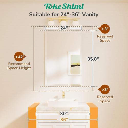 TokeShimi 24x36 Beveled Wall Mirror Decorative, Bathroom Vanity Mirrored with 1 Beveled Edge, Shatterproof Modern Frameless Mirror Bathroom Rectangle for Living Room, Entryway, Restroom