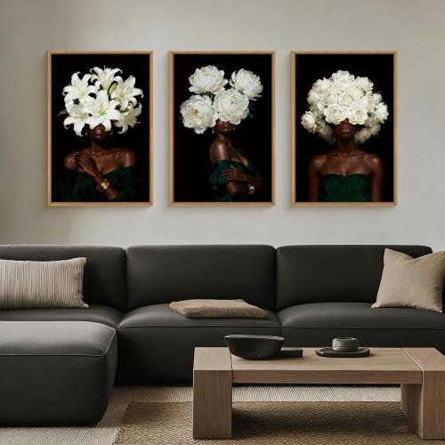 HPINUB Black Woman Framed Canvas Prints Wall Art Set, Abstract White Hydrangea Wall Decor, Vintage African American Girl Art Photos for Living Room, Bedroom, Dining Room, Office, Bathroom - 16x24x3