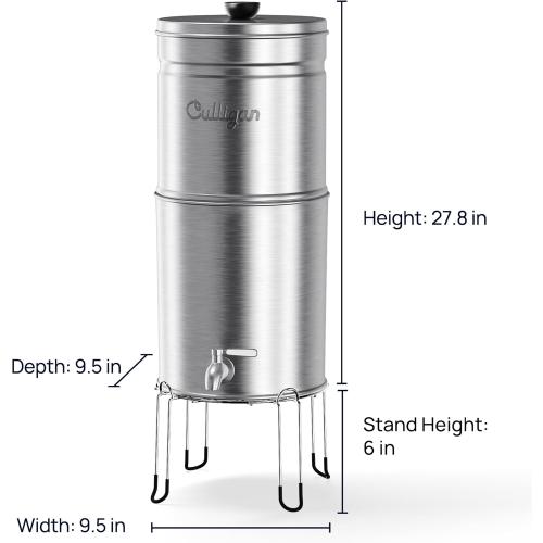 Culligan MaxClear 3 Gallon Gravity Water Filter System, Brushed Stainless-Steel Countertop Water Filter NSF/ANSI Certified to Reduce Microplastics, Lead & Total PFAS, with 3 Ceramic Filters