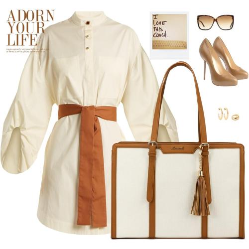 LOVEVOOK Laptop Bag for Women - 15.6 inch Lightweight Canvas Laptop Tote, Large Capacity Computer Bag with Clutch Purse for Business, Work, Travel, School, Casual Beige