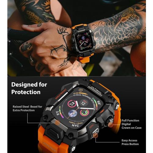 ULTIMAL Rugged Case with Band for Apple Watch Band 45mm,Compatible with Apple Watch Series 9/8/7 45mm,Military Grade Shockproof Bumper Cover for iWatch Tactical Band Men (Orange, 45mm)