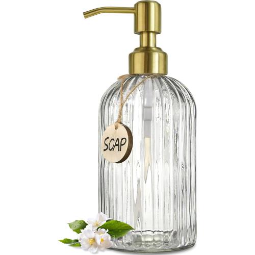 JASAI 18Oz Glass Soap Dispenser with Golden Pump for Kitchen,Refillable Liquid Hand soap Dispenser with Vertical Stripe, Clear Soap Dispenser Bathroom for Hand soap, Dish Soap, Lotion | Refillable Hand Soap Dispenser with Vertical Stripe, Gold Soap Dispenser Bathroom for Hand soap, Dish Soap, Liquid Soap